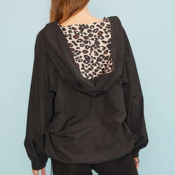 Black Windbreaker Rain jacket Leopard Print Hoodie - Picture 9 of 11